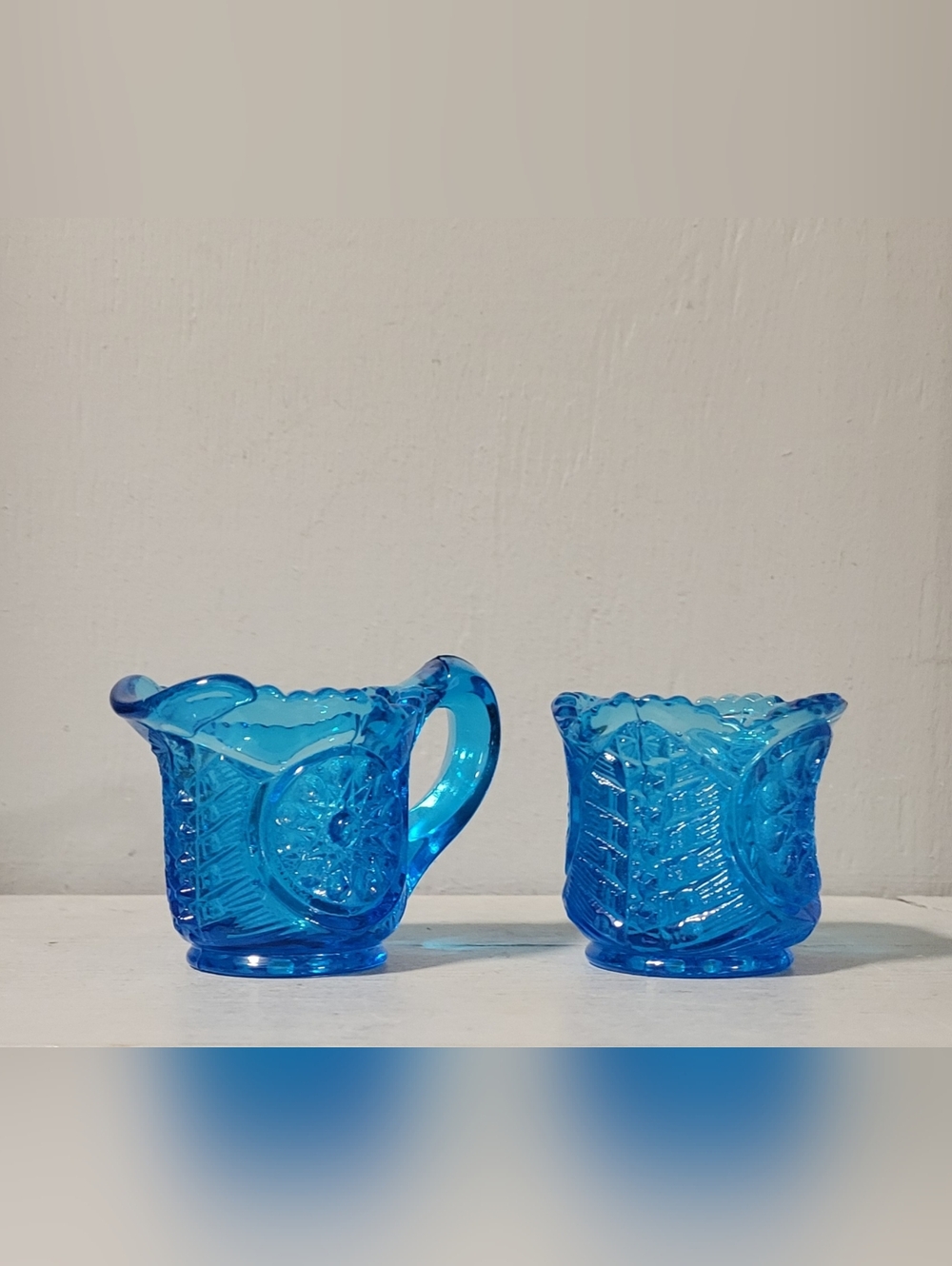 Vintage Mini Aqua Glass Creamer And Sugar - UV Glow
